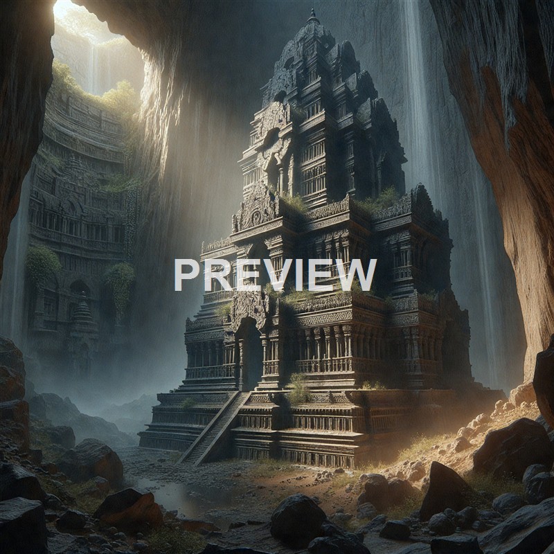 A large, ancient temple or structure built into a cavernous underground space with sunlight streaming in from above, illuminating the detailed architecture and surrounding rocks and greenery.